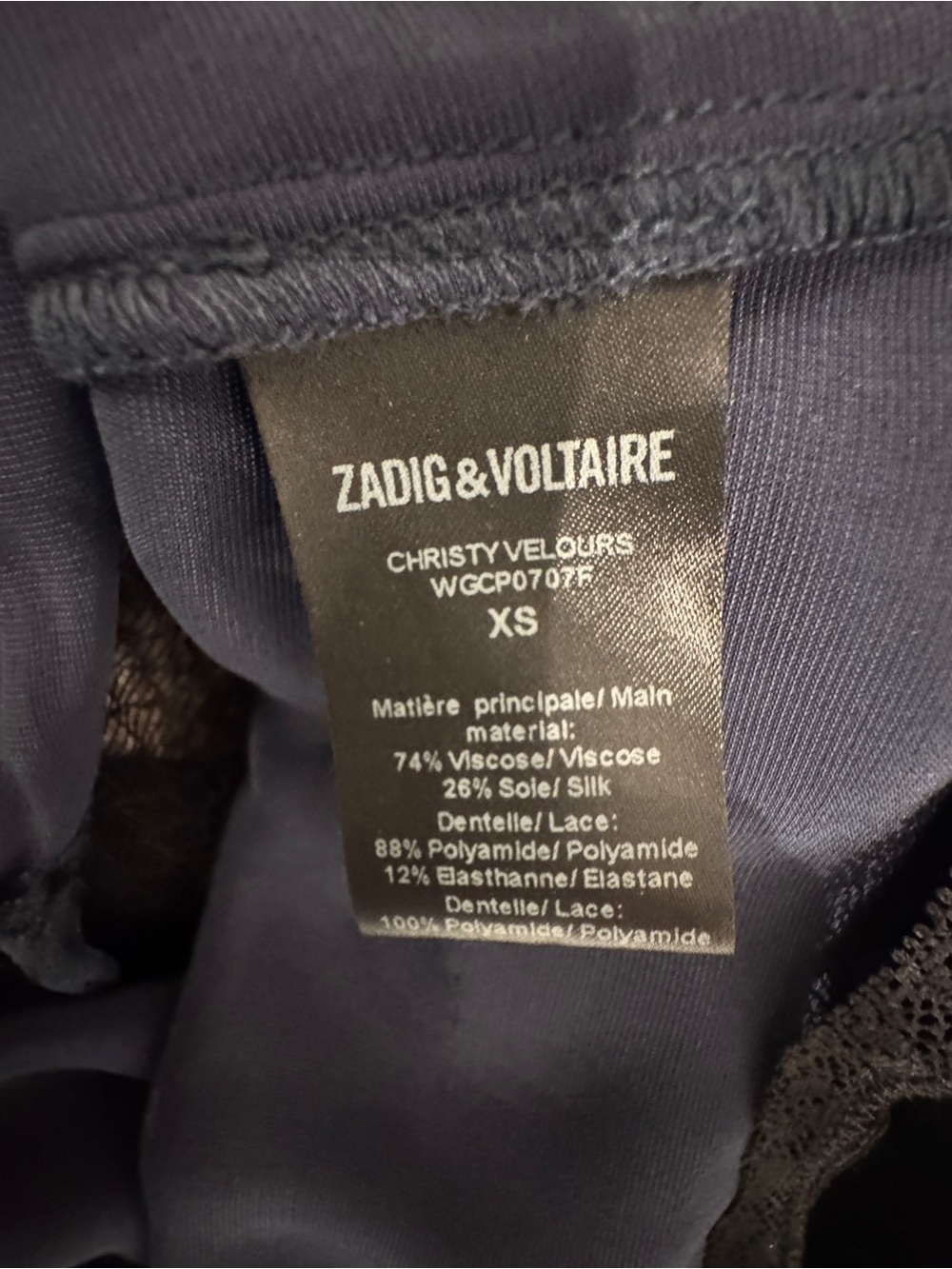 Zadig & Voltaire Christy Velvet Camisole Navy XS - Picture 5 of 5